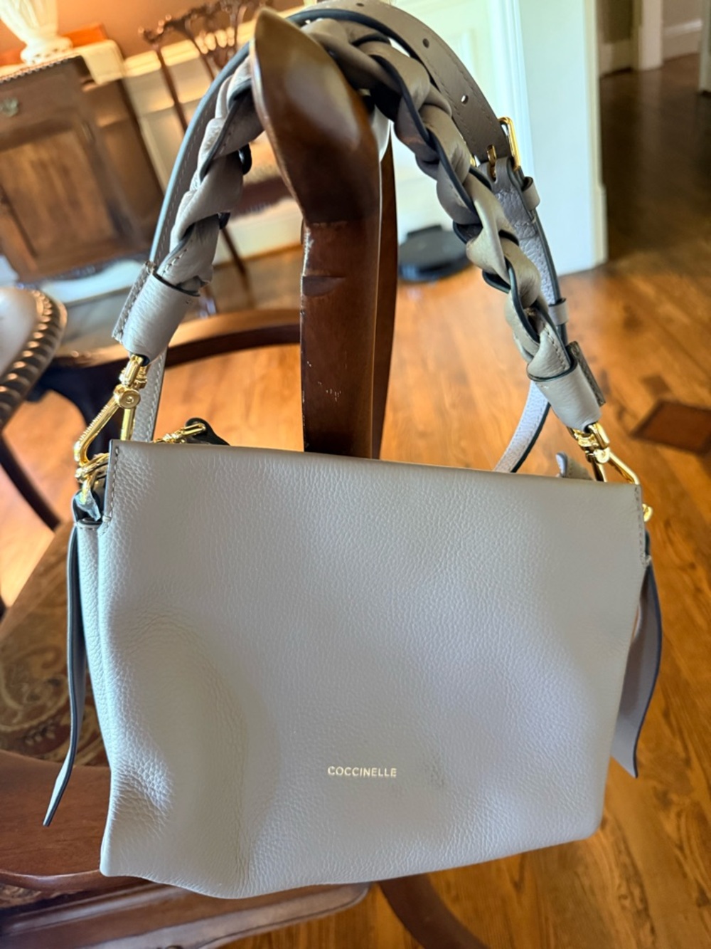 Coccinelle Italian Leather Taupe Bag with Braided handle w/ adjustable strap.